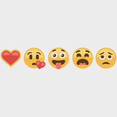 A vibrant set of flat vector emoticons showing a variety of expressions including a heart, kissing face, winking, and sad face for modern digital communication concepts