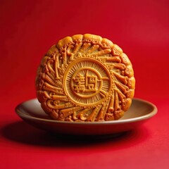 Close-up mooncake, tea; vibrant red background , glass, background