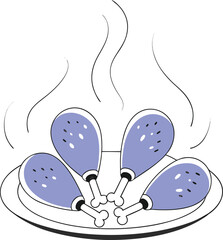 Four Fried Chicken Drumsticks on a Plate with Steam on a Black Background Keywords: chicken