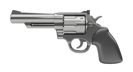 A shiny, metallic revolver handgun, isolated against a clean white background.