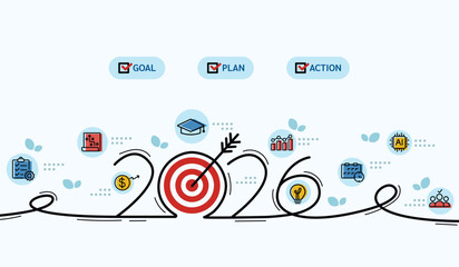 Happy new year 2026 target icons with business concept. Planning for goal and success. New Year resolution, goal, plan, action background banner vector. Annual plan and development for achievement.