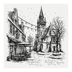 Obraz premium Hand-Drawn Winter Scene with Church and Snowy Street in Engraving Style