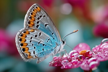 Close up of butterfly on flower with water droplets