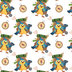 A pattern with a yellow and blue bird and a compass. The bird is holding binoculars.
