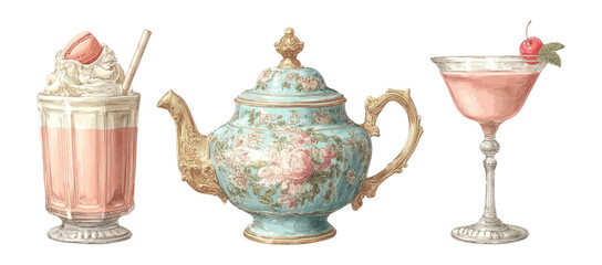 Elegant Vintage Tea Set with Decorative Teapot and Desserts on Transparent Background