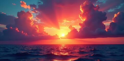 Fiery sunset paints vast ocean sky, dramatic clouds , daybreak, view, golden hour