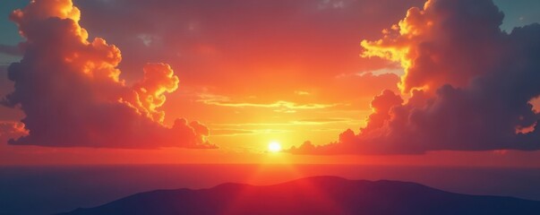 Naklejka premium Fiery sunrise paints orange sky, silver clouds glow , bright, background, sun