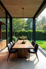 Fototapeta premium Glass-walled dining room, expansive garden view, sleek modern home exterior, house, minimalist, real estate