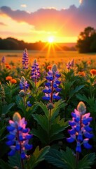 Golden hour light bathes vibrant bluebonnet and paintbrush wildflowers, Texas landscape, spring, golden hour