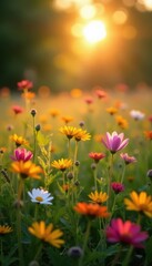 Naklejka premium Golden hour sun bathes vibrant wildflowers in a spring meadow , springtime, field, warm