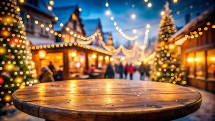 Wooden Tabletop with Blurred Christmas Market Background and Festive Lights at Night