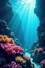 Mystical underwater scene, vibrant coral reef, sunbeam , underwater, vibrant