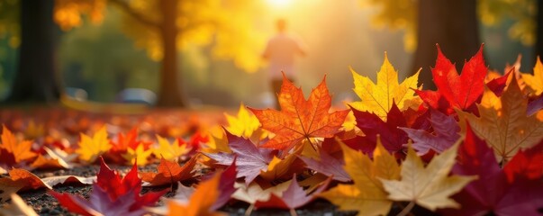 Pile of colorful autumn leaves, sunlight filtering through, backdrop, harvest