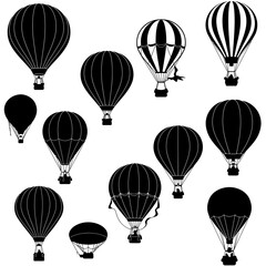 Obraz premium Collection of stylized hot air balloons silhouette set diverse designs for advertising and creative projects isolated on white background Vector Illustration