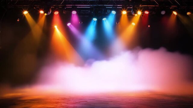 Bright stage lights illuminate a performance area, enhancing the ambiance with vibrant colors and fog effects