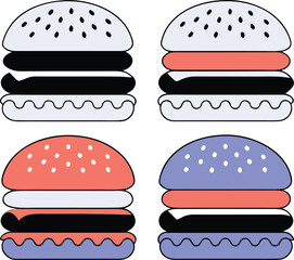 Four Stylized Isometric Burgers with Different Toppings and Buns hamburger food