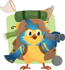 A yellow and blue bird with binoculars and a large hiking backpack. Character design
