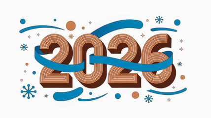 A festive digital illustration of the year 2026 in a 3D style with brown and white layers