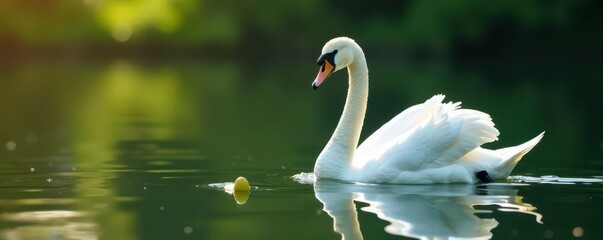 Obraz premium Single white swan swimming, serene pond setting, swimming, white swan