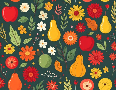 Autumnal fruit and flower pattern - Powered by Adobe