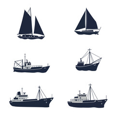 Collection of diverse nautical vessels including sailboats and cargo ships offering maritime transportation and ocean adventure imagery isolated on white background Vector Illustration