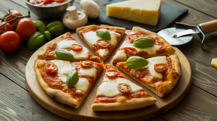 A high-quality food photograph of a freshly made Margherita pizza on a round wooden serving board.