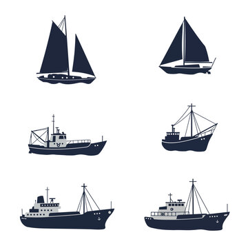 Collection of diverse nautical vessels including sailboats and cargo ships offering maritime transportation and ocean adventure imagery isolated on white background Vector Illustration