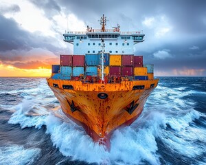 Cargo ship plowing through waves at sunset