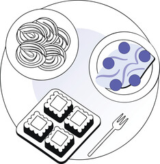 Isometric Illustration of Pasta Squares and Blueberries with Fork food meal