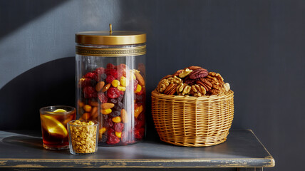 A high-quality food photography composition featuring a large glass jar with a gold-colored metal lid and decorative metal band on a dark wooden surface.