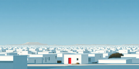 A surreal landscape of white houses under a blue sky, with a single red door standing out prominently.