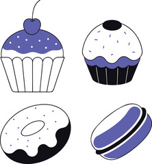 Four stylized sweet treats including cupcakes donuts and macarons Keywords: cupcake, donut, macaron