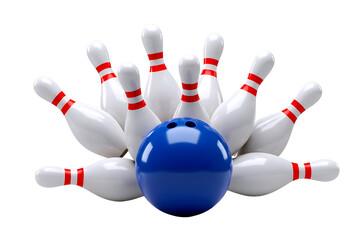 Blue bowling ball and white pins arranged in a fan shape isolated on transparent background