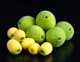Obraz premium Group of green and yellow fruits on black background