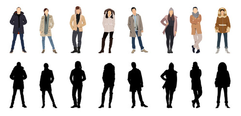 Bundle of modern people wearing Street fashion autumn, winter warm clothes. Men and women in trendy outwear standing and walking. Cartoon characters vector illustration.