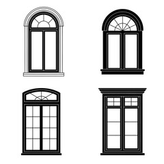 Set of four architectural window styles detailed black and white line art collection for design projects architectural elements isolated on white background Vector Illustration