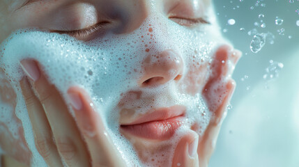 Naklejka premium a young woman washing her face with foam.