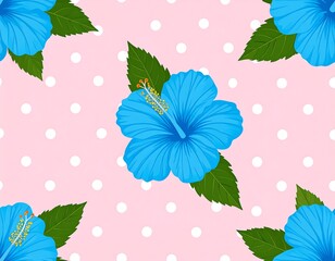 Floral pattern with light blue hibiscuses on a pink polka dot background