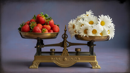 A high-quality photograph of a vintage brass balance scale with two circular metal bowls.
