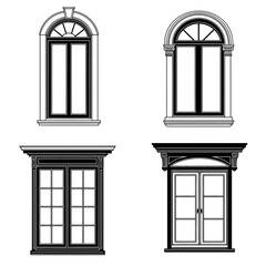 Classic architectural window designs featuring arched and rectangular styles for elegant building facades and interior decor isolated on white background Vector Illustration