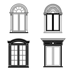 Collection of four ornate architectural window designs featuring classic pediments and decorative grilles for exterior facades isolated on white background Vector Illustration