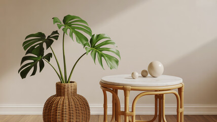 A minimalist interior scene featuring a Monstera deliciosa plant in a woven beige ceramic vase with vertical ribbed texture.