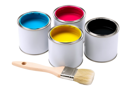 Four open paint cans with cyan magenta yellow and black ink and a paintbrush isolated on transparent background