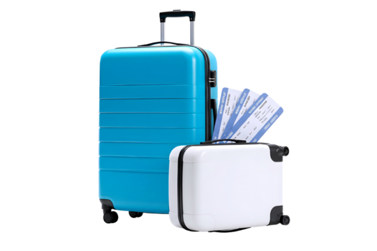 Two travel suitcases one large blue and one small white with tickets sticking out isolated on transparent background