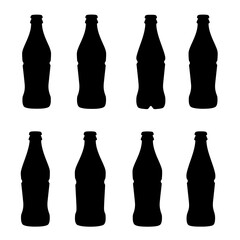 Collection of eight black glass soda bottle silhouettes in a grid format perfect for beverage branding and design projects isolated on white background Vector Illustration