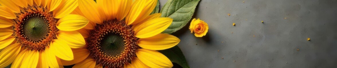 Vibrant yellow sunflowers, close-up on textured wallpaper, art, texture