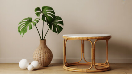 A minimalist interior scene featuring a Monstera deliciosa plant in a woven beige ceramic vase with vertical ribbed texture.