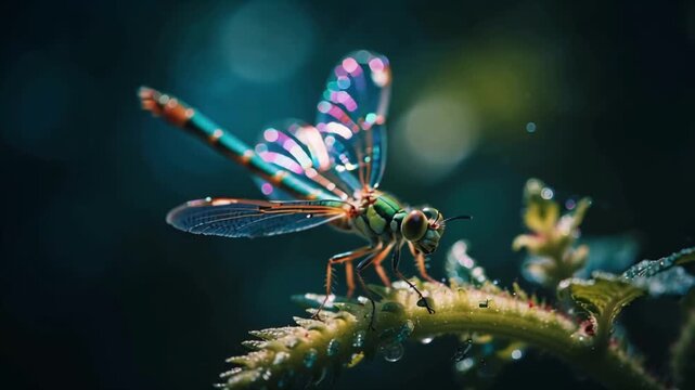 Close-up of a stunning dragonfly with sparkling, rainbow-hued wings resting gracefully on a textured green stem, bathed in soft, ethereal light