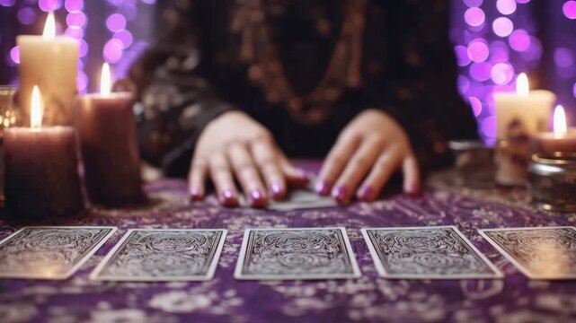 A tarot card reader prepares for a session surrounded by candles and a mystical ambiance with purple lighting and card layouts