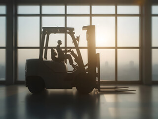 Forklift Operator Silhouette: A silhouette captures a forklift operator at work, set against a backdrop of a vast cityscape seen through a panoramic window.